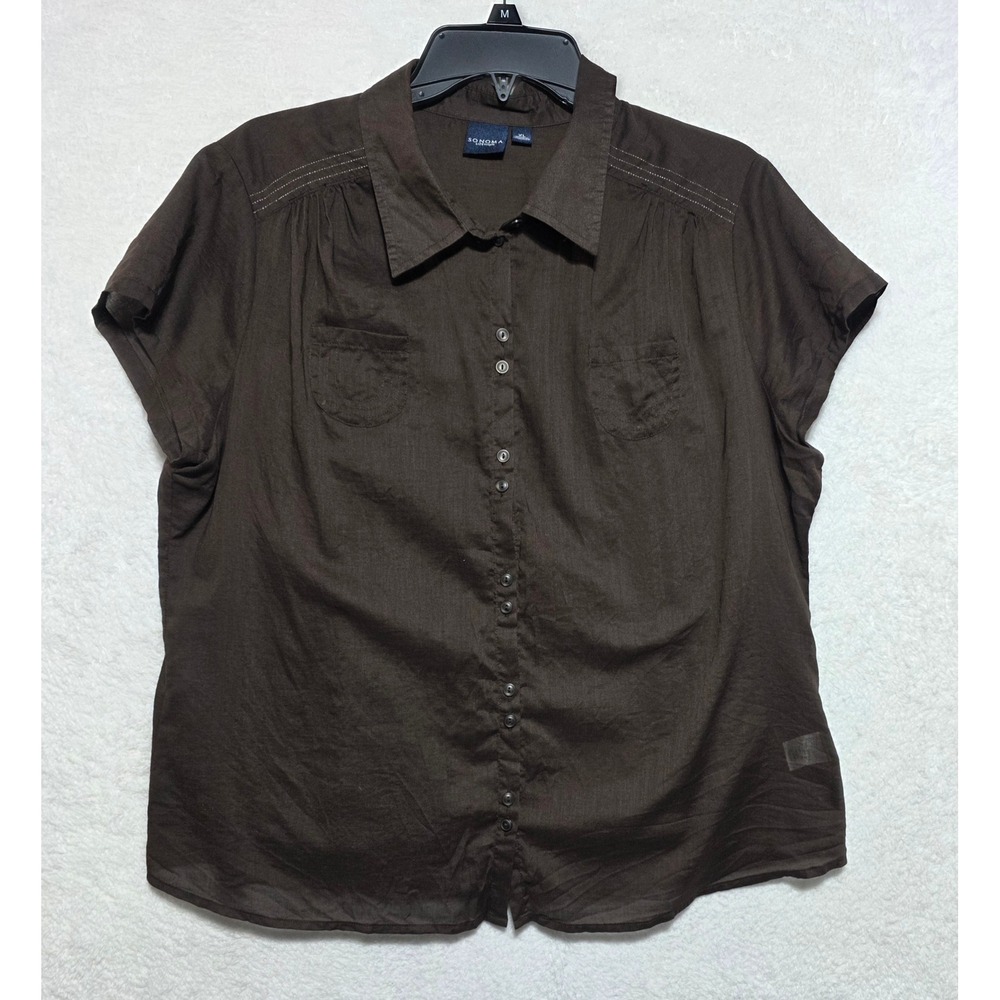 Sonoma Life + Style Women's Brown Cotton Short Sleeve Button Down Shirt XL